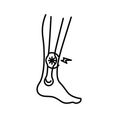Lower leg and ankle pain icon with highlighted joint area and lightning bolt symbol, medical illustration.