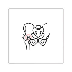 Human hip joint pain and injury illustration, medical line art diagram showing discomfort in the pelvic region.