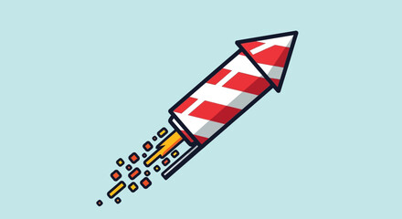 Cartoon Rocket Launching with Red and White Stripes.