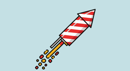 Obraz premium Colorful rocket soaring upwards with red and white stripes and orange flames.