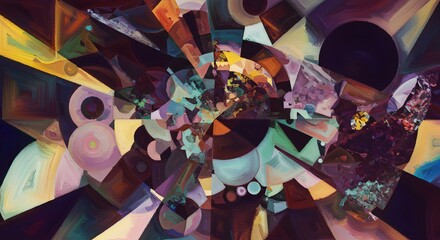 Abstract geometric artwork featuring a complex arrangement of shapes and colors