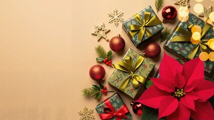 Christmas gift arrangement with cheerful decorations and poinsettia on golden background