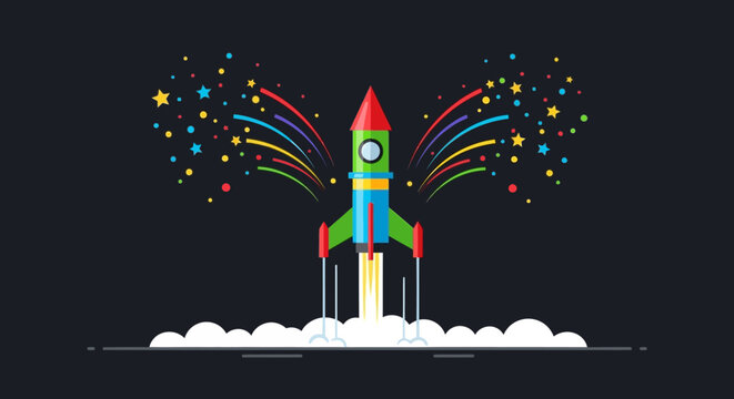 Colorful cartoon rocket ship launching into space with fireworks. - Powered by Adobe