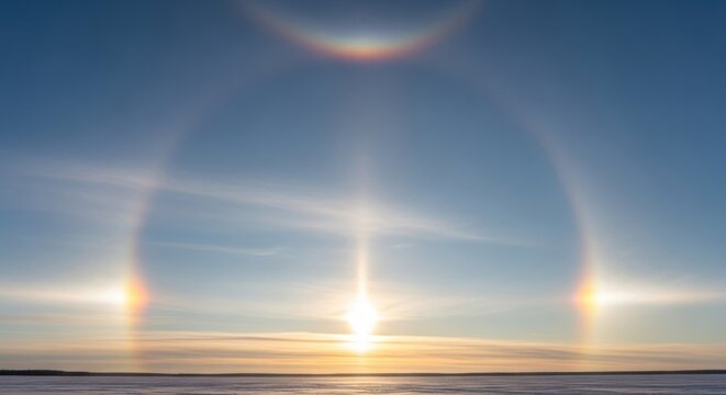 Beautiful sundog and halo over icy landscape with a pastel sky