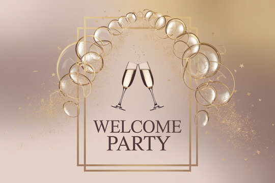Elegant welcome party invitation with champagne glasses and sparkling gold accents for milestone celebrations and sophisticated events