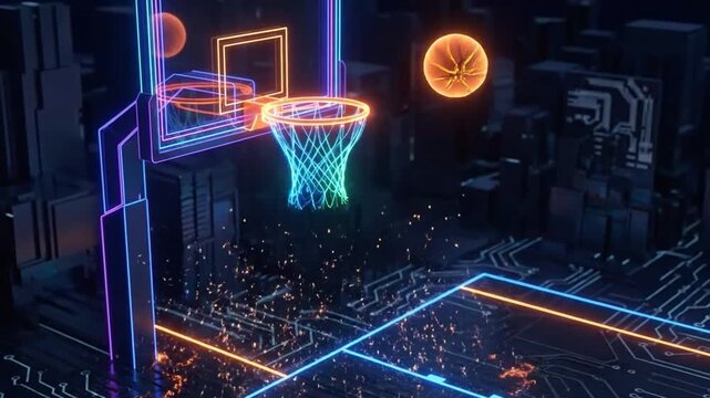 A bright basketball flies towards the net with sparks below.