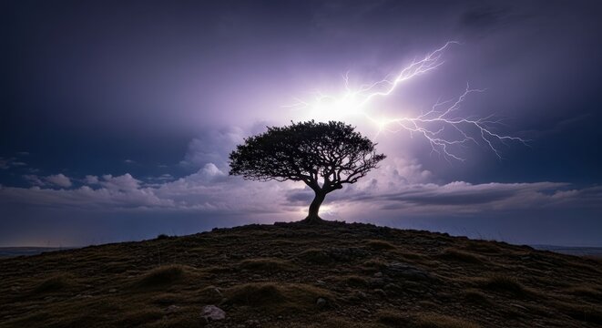 Dramatic lightning strike near tree on hilltop at dusk or dawn.