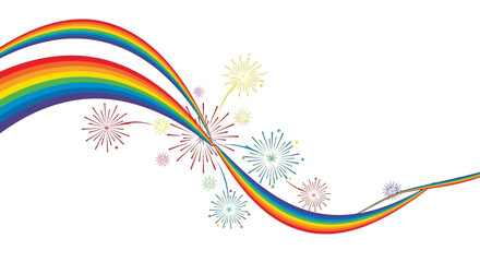 Vibrant Rainbow Wave with Festive Fireworks Celebration.