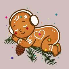Schlafendes Lebkuchenbaby mit Zuckergussdetails liegt auf einem Tannenzweig mit Zapfen. S&uuml;&szlig;es weihnachtliches Motiv im Keksstil mit bunten Zuckerperlen.