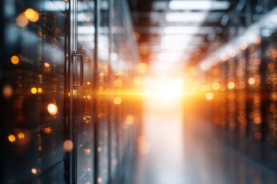 Digital infrastructure features glowing orange light, illuminating server racks in modern data center.