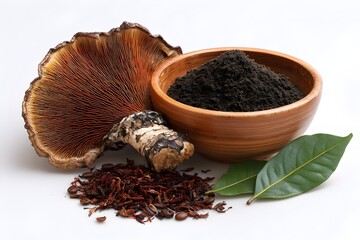 A collection of natural wellness elements including a large reishi mushroom, fine powdered extract in a wooden bowl, green leaves, and dried botanicals arranged on a clean white background.