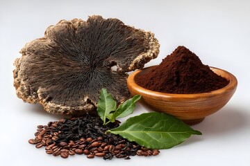 A collection of natural wellness elements including a large reishi mushroom, fine powdered extract in a wooden bowl, green leaves, and dried botanicals arranged on a clean white background.