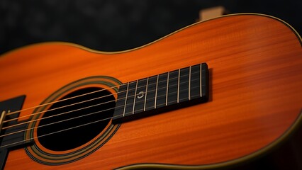 headstock. Acoustic guitar resting on a wooden stand, highlighting strings and soundhole with warm lighting. tutorial guides, club newsletters, designed for tourism and weekend activity guides.