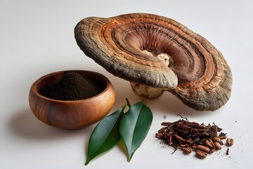 A collection of natural wellness elements including a large reishi mushroom, fine powdered extract in a wooden bowl, green leaves, and dried botanicals arranged on a clean white background.