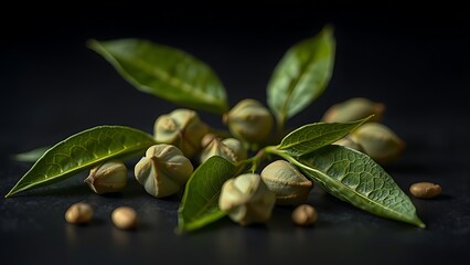 compostable. Fresh tea buds and leaves artistically arranged on a dark surface, highlighting delicate textures. gardening catalogs, home-decor guides, designed for gardening and botanical catalogs.