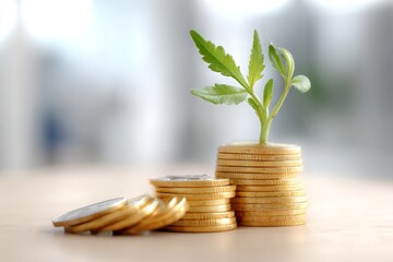 Vibrant plant seedling grows from neatly stacked gold coins, symbolizing financial investment.