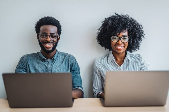 African American man, woman happily smile at camera, sitting at desk with individual laptops. - Powered by Adobe