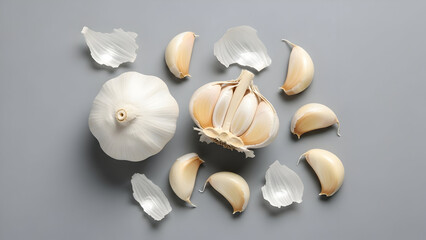 Naklejka premium Fresh garlic bulbs and cloves on a grey background, hyper-realistic clean flat lay