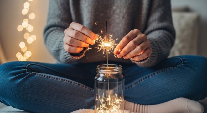 Female lighting sparkler in jar for cozy celebration at home