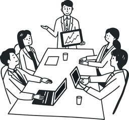 Minimalist Line Art Drawing of a Business Team Meeting and Presentation in a Boardroom