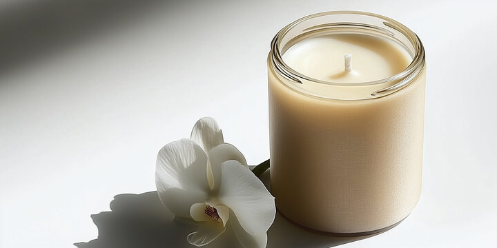A candle in a beige mat cylinder jar