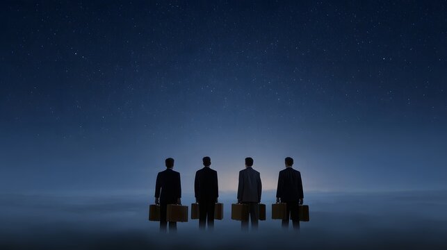 Four silhouetted businessmen in suits hold briefcases standing in fog under a vast starry night sky