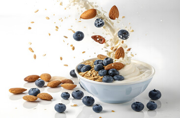 Breakfast Bliss: A vibrant arrangement of fresh blueberries, crunchy almonds, and creamy yogurt come together in this image.