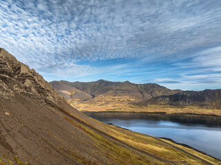Aerial view over mountain range, lava field and lake - Snaefellsnes - Iceland