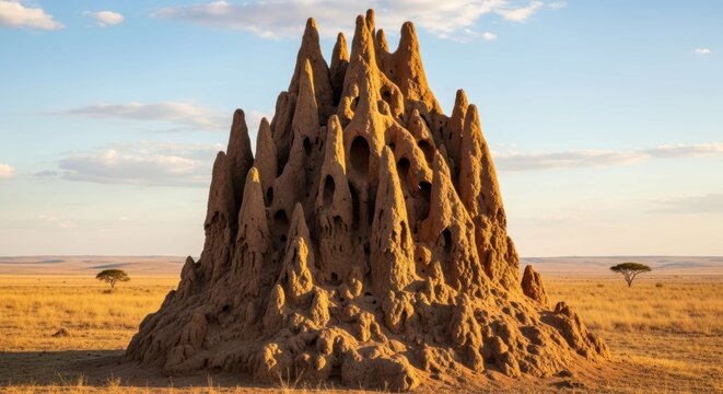 Large termite mound in a savanna landscape with sparse trees