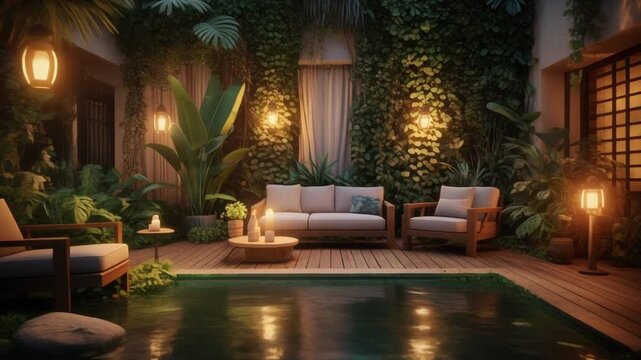 A tranquil outdoor living space featuring a pool, lush greenery, and inviting seating.