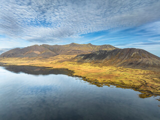 Aerial view over mountain range, lava field and lake - Snaefellsnes - Iceland