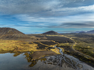 Aerial view over mountain range, lava field and lake - Snaefellsnes - Iceland