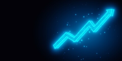 Blue glowing wireframe rising arrow on dark black background with copy space, business technology, stock market concept