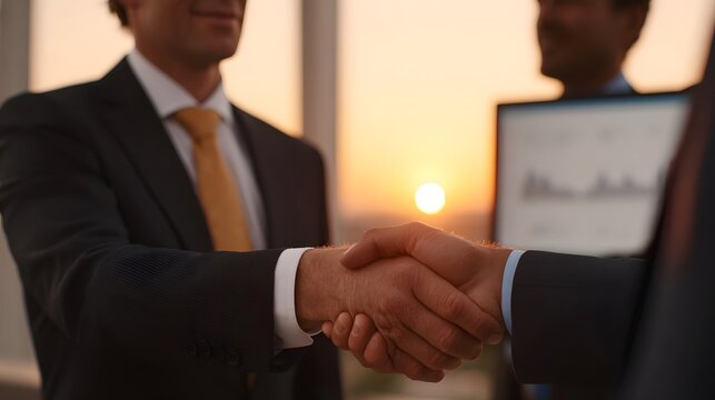 Two businessmen in suits shake hands at sunset symbolizing a successful business agreement and partnership