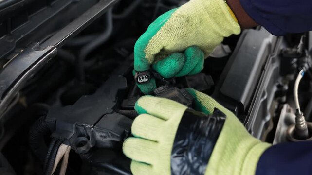 African mechanic disconnects connector in a car engine compartment