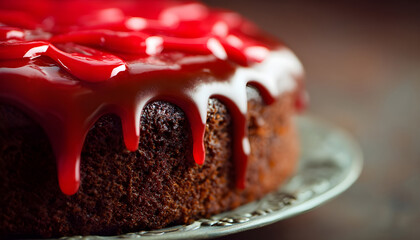 A close-up shot of a delicious-looking chocolate cake topped with vibrant red icing