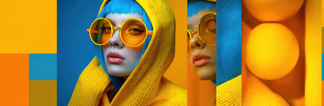 Bright yellow and orange color palette creates vibrant fashion mood board featuring model with blue hair and stylish sunglasses. composition evokes playful and energetic atmosphere