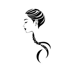 Elegant female profile silhouette in solid black on a clean white background, featuring a prominent long braided hairstyle that flows smoothly to the bottom right, a simple and delicate ear outline, a