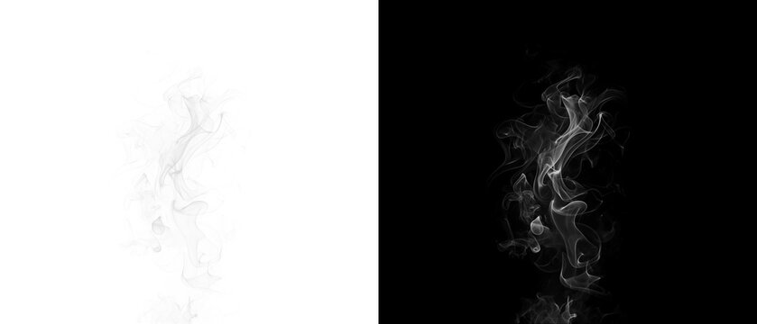 Ascending smoke plume simulation shown on white and black backgrounds isolated on transparent background
