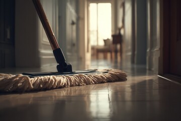 Floor Cleaning Mop Head with Reflection on Polished Tiles
