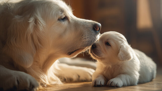 White golden retriever dog and cute puppy share tender moment, showcasing their affectionate bond in warm, cozy setting. sunlight gently illuminates their fur, enhancing heartwarming scene