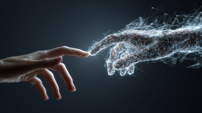 Digital Wireframe Hand Reaching for Real Human Hand