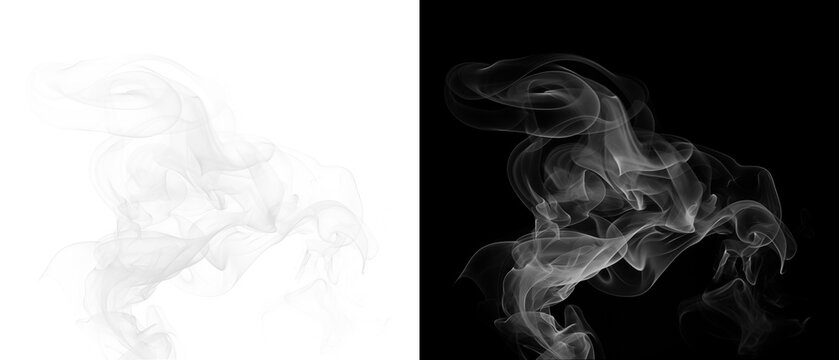 Abstract white and black smoke wisps against contrasting backgrounds isolated on transparent background