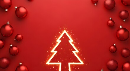 Festive Christmas tree outline illuminated with sparkling lights on a vibrant red background adorned with shiny ornaments, celebrating the holiday season