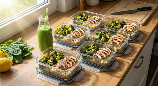 Row of glass food containers with balanced diet meal ready for the week. - Powered by Adobe