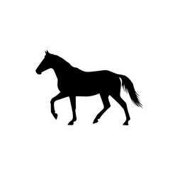 Black silhouette of a majestic horse trotting gracefully against a clean white background, showcasing its elegant form and movement.