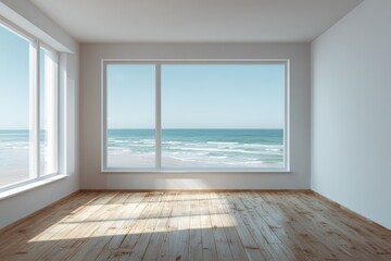 Obraz premium Bright Empty Beach House Room with Wooden Floor Sea View