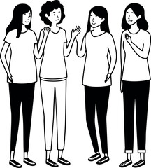Minimalist Line Art Drawing of Four Women Standing, Talking, or Discussing in a Group