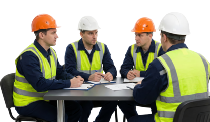 Team of construction workers collaborate at a table, reviewing plans for a project, wearing safety