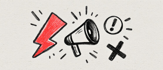 Hand drawn vector icon set featuring red lightning bolt, megaphone, exclamation mark, and cross symbol. This creative design conveys urgency and attention, perfect for web design